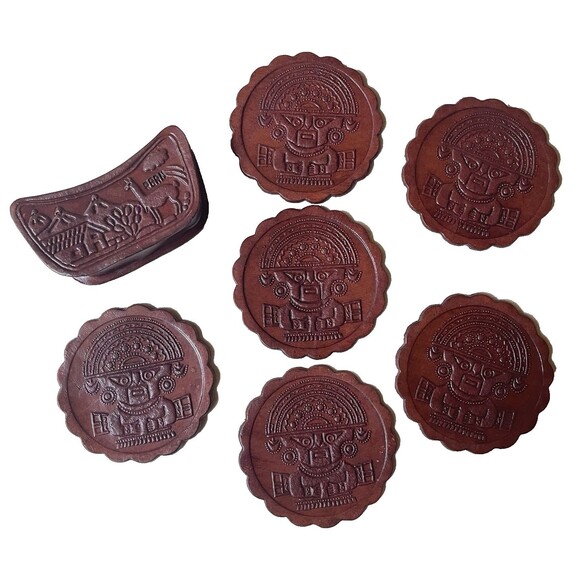 Handmade Other - Artisan Hand-Tooled Embossed Peruvian Leather Coasters Set of 6 w/ Holder VTG